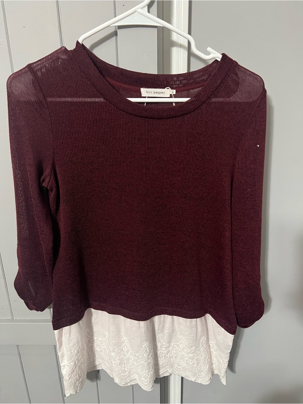 Blu Pepper Burgundy Knit Layered Tunic with Cream Hem